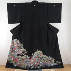 黒留袖 オシドリに花々文様 作家物 落款付 揚羽蝶紋 正絹 比翼...