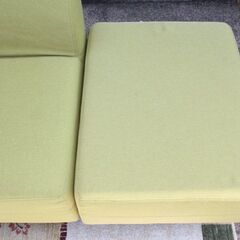 ナフコ☆L字ソファ☆グリーン☆ファブリック☆シミ・ヤケあり☆TWO-ONE STYLE☆カウチソファー☆中古品【こちらは店舗です。浜村鹿野温泉ICから3分 買取本舗 宮本リサイクル 営業時間9～19時 定休日水曜のみ←連絡できませんm(_ _)m】 G1133の画像