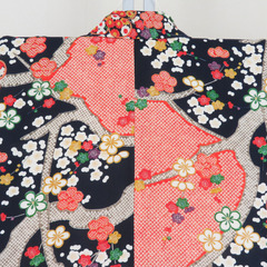 小紋 梅に鹿の子模様 オレンジ色ｘ紺色ｘ多色 正絹 広衿 仕立て上がり着物 身丈157cm 【キモノオフ野々市若松店】の画像