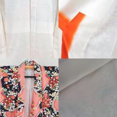 小紋 梅に鹿の子模様 オレンジ色ｘ紺色ｘ多色 正絹 広衿 仕立て上がり着物 身丈157cm 【キモノオフ野々市若松店】の画像