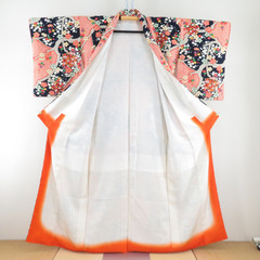 小紋 梅に鹿の子模様 オレンジ色ｘ紺色ｘ多色 正絹 広衿 仕立て上がり着物 身丈157cm 【キモノオフ野々市若松店】の画像