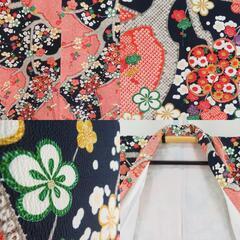 小紋 梅に鹿の子模様 オレンジ色ｘ紺色ｘ多色 正絹 広衿 仕立て上がり着物 身丈157cm 【キモノオフ野々市若松店】の画像