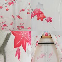 小紋 単衣 紅葉模様 クリーム色ｘ赤色 広衿 正絹 カジュアル 身丈148cm 【キモノオフ野々市若松店】の画像