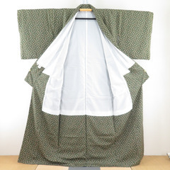 小紋 ポリエステル 袷 緑色ｘ茶色 小鳥模様 広衿 仕立て上がり 身丈163cm 【キモノオフ野々市若松店】の画像