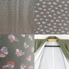 小紋 ポリエステル 袷 緑色ｘ茶色 小鳥模様 広衿 仕立て上がり 身丈163cm 【キモノオフ野々市若松店】の画像