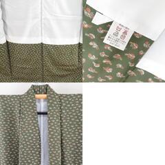 小紋 ポリエステル 袷 緑色ｘ茶色 小鳥模様 広衿 仕立て上がり 身丈163cm 【キモノオフ野々市若松店】の画像