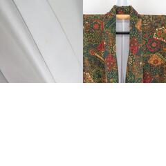 小紋 ポリエステル 袷 緑色ｘ茶色ｘ紺色 切嵌模様 広衿 仕立て上がり 身丈160cm 【キモノオフ野々市若松店】の画像