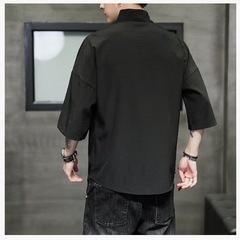 メンズ シャツ ワイシャツ 五分袖 ゆったり Vネック 無地 ブラック XLの画像