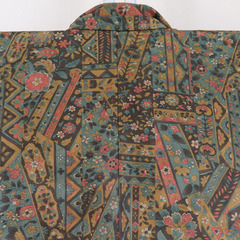 小紋 ポリエステル 袷 緑色ｘ茶色ｘ辛子色 切嵌模様 広衿 仕立て上がり 身丈159cm 【キモノオフ野々市若松店】の画像