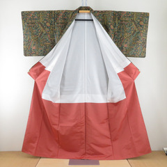 小紋 ポリエステル 袷 緑色ｘ茶色ｘ辛子色 切嵌模様 広衿 仕立て上がり 身丈159cm 【キモノオフ野々市若松店】の画像