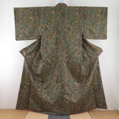 小紋 ポリエステル 袷 緑色ｘ茶色ｘ辛子色 切嵌模様 広衿 仕立...
