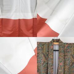 小紋 ポリエステル 袷 緑色ｘ茶色ｘ辛子色 切嵌模様 広衿 仕立て上がり 身丈159cm 【キモノオフ野々市若松店】の画像