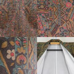 小紋 ポリエステル 袷 緑色ｘ茶色ｘ辛子色 切嵌模様 広衿 仕立て上がり 身丈159cm 【キモノオフ野々市若松店】の画像