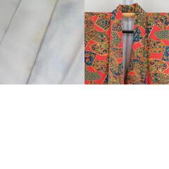 小紋 ポリエステル 袷 オレンジ色ｘ青色ｘ緑色 扇子に四角模様 広衿 仕立て上がり 身丈157cm 【キモノオフ野々市若松店】の画像