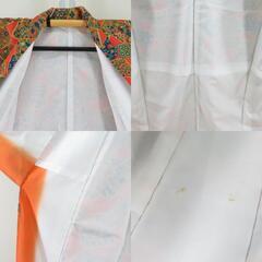 小紋 ポリエステル 袷 オレンジ色ｘ青色ｘ緑色 扇子に四角模様 広衿 仕立て上がり 身丈157cm 【キモノオフ野々市若松店】の画像