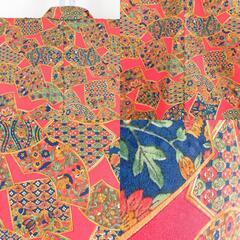 小紋 ポリエステル 袷 オレンジ色ｘ青色ｘ緑色 扇子に四角模様 広衿 仕立て上がり 身丈157cm 【キモノオフ野々市若松店】の画像