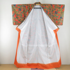 小紋 ポリエステル 袷 オレンジ色ｘ青色ｘ緑色 扇子に四角模様 広衿 仕立て上がり 身丈157cm 【キモノオフ野々市若松店】の画像