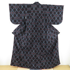 木綿着物 斜め格子 絣文様 藍染 袷仕立て バチ衿 黒紺色 仕立...