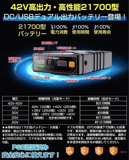 42V超高出力 最強 ファンバッテリーセット 作業服 PSE認証済