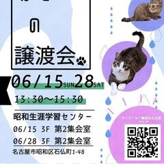 6/28(土)猫の譲渡会　in　名古屋市昭和生涯学習センター