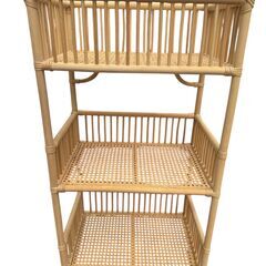 美品 ツルヤ商店 籐 3段ランドリーラック 脱衣かご