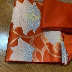 着物　帯　オレンジ　大柄　花柄　名古屋帯　年中の画像