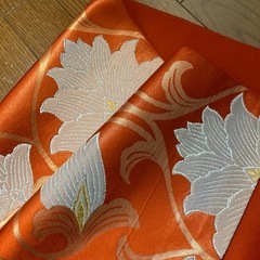 着物　帯　オレンジ　大柄　花柄　名古屋帯　年中の画像