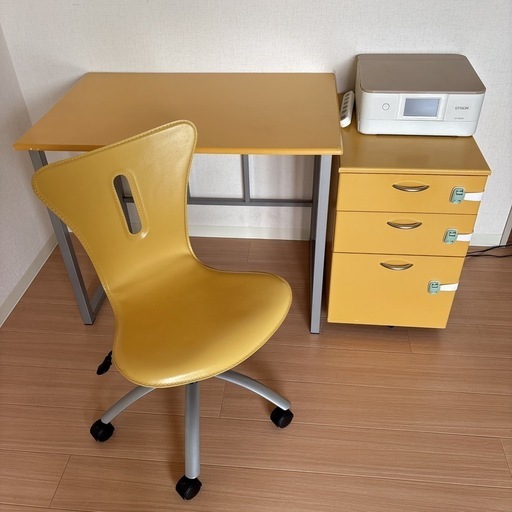【取引完了】美品　ワークデスクセット　本革椅子 パソコンデスクセット 勉強机セット　テーブルセット オフィスデスクとチェアとデスクワゴンのセット　