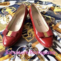 Ferragamo 赤 リボン付き フラットシューズ24cm フェラガモ
