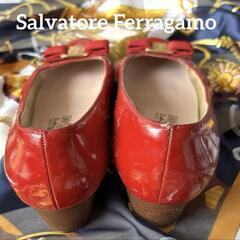Ferragamo 赤 リボン付き フラットシューズ24cm フェラガモ