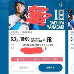 6/3北海道日本ハムファイターズ対阪神タイガース観戦チケット2枚...