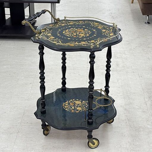 北海道 千歳市/恵庭市 近郊配送可能 イタリア製 象嵌ワゴン 2段 キャスター付ワゴン グリーン ハンドル付 イタリア家具 店頭でのお受渡し大歓迎