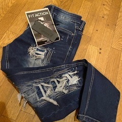 新品未使用タグ有cavariAデニムジーンズパンツストレッチクラッシュダメージスキニーパッチワーク84XLスリムタイトインディゴの画像