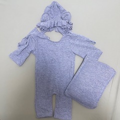 【美品】クマ ベビー服 パープル クッション付　新生児