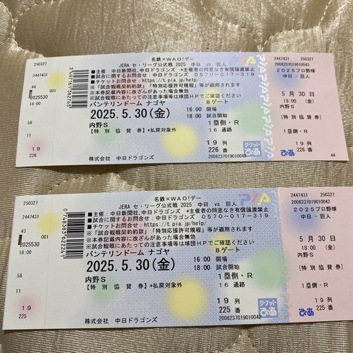 5月30日バンテリンドームペアチケット