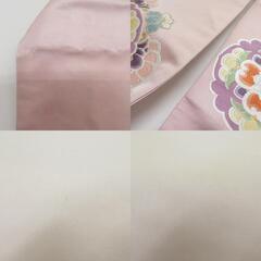 名古屋帯 華紋文様 ベージュピンクｘ紫色ｘ多色 金糸銀糸 正絹 お太鼓柄 仕立て上がり 着物帯 長さ360cm 【キモノオフ野々市若松店】の画像