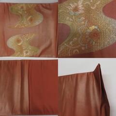 西陣織 袋帯 西陣織 証紙付き 蘇州刺繍 スワトウ刺繍 流水に菊や華紋文様 茶色ｘゴールド色 お太鼓柄 正絹 フォーマル 仕立て上がり 着物帯 長さ424cm 【キモノオフ野々市若松店】の画像