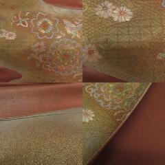 西陣織 袋帯 西陣織 証紙付き 蘇州刺繍 スワトウ刺繍 流水に菊や華紋文様 茶色ｘゴールド色 お太鼓柄 正絹 フォーマル 仕立て上がり 着物帯 長さ424cm 【キモノオフ野々市若松店】の画像