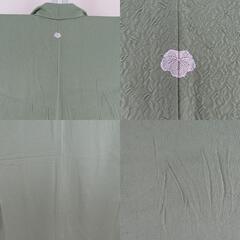 色無地 袷 緑色 一つ紋 蔦紋 地紋入り 広衿 正絹 仕立て上がり 身丈158cm 【キモノオフ野々市若松店】の画像