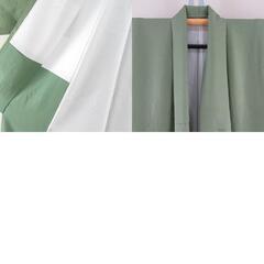 色無地 袷 緑色 一つ紋 蔦紋 地紋入り 広衿 正絹 仕立て上がり 身丈158cm 【キモノオフ野々市若松店】の画像