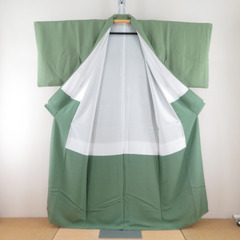 色無地 袷 緑色 一つ紋 蔦紋 地紋入り 広衿 正絹 仕立て上がり 身丈158cm 【キモノオフ野々市若松店】の画像