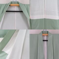 色無地 袷 ライトグリーン 一つ紋 抱き沢瀉紋 バチ衿 正絹 仕立て上がり 身丈157cm 【キモノオフ野々市若松店】の画像