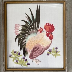 松鳩文化刺繍 美術品 鶏 ニワトリ 菖蒲 アヤメ 糸の絵画 刺繍 手芸 完成品 インテリア 壁掛け 額の画像