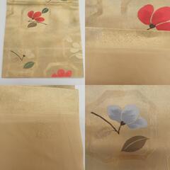 西陣織 名古屋帯 長谷川織物 落款入り 正絹 ゴールドｘ赤ｘ緑  花模様 六通柄 仕立て上がり 着物帯 長さ350cm 【キモノオフ野々市若松店】の画像