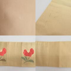 西陣織 名古屋帯 長谷川織物 落款入り 正絹 ゴールドｘ赤ｘ緑  花模様 六通柄 仕立て上がり 着物帯 長さ350cm 【キモノオフ野々市若松店】の画像