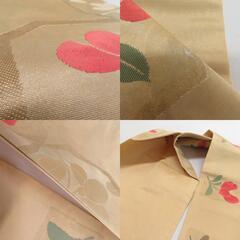 西陣織 名古屋帯 長谷川織物 落款入り 正絹 ゴールドｘ赤ｘ緑  花模様 六通柄 仕立て上がり 着物帯 長さ350cm 【キモノオフ野々市若松店】の画像