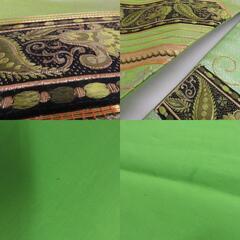 名古屋帯 正絹 黄緑ｘゴールドｘ黒色 金糸銀糸 唐草に幾何学紋様 お太鼓柄 仕立て上がり 着物帯 長さ372cm 【キモノオフ野々市若松店】の画像