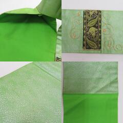 名古屋帯 正絹 黄緑ｘゴールドｘ黒色 金糸銀糸 唐草に幾何学紋様 お太鼓柄 仕立て上がり 着物帯 長さ372cm 【キモノオフ野々市若松店】の画像