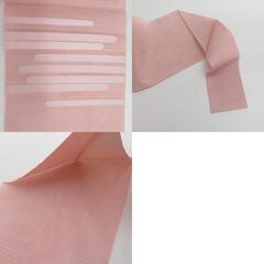 名古屋帯 絹 絽 綴れ 夏用 霞文様 ベージュピンク色 芯入り お太鼓柄 着物帯 長さ362cm 未使用品 【キモノオフ野々市若松店】の画像