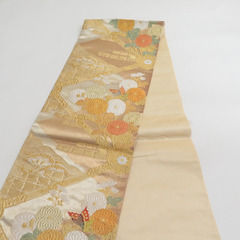 西陣織 袋帯 未仕立て 金色x緑色 金糸銀糸 菊に波模様など 六通